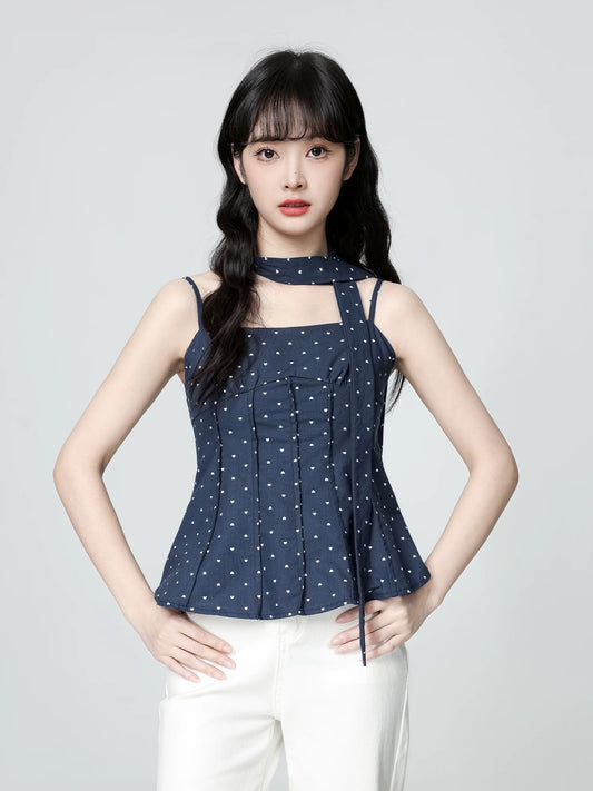 French polka dot camisole for women summer wear 2025 summer new style waist sleeveless babydoll shirt short top
