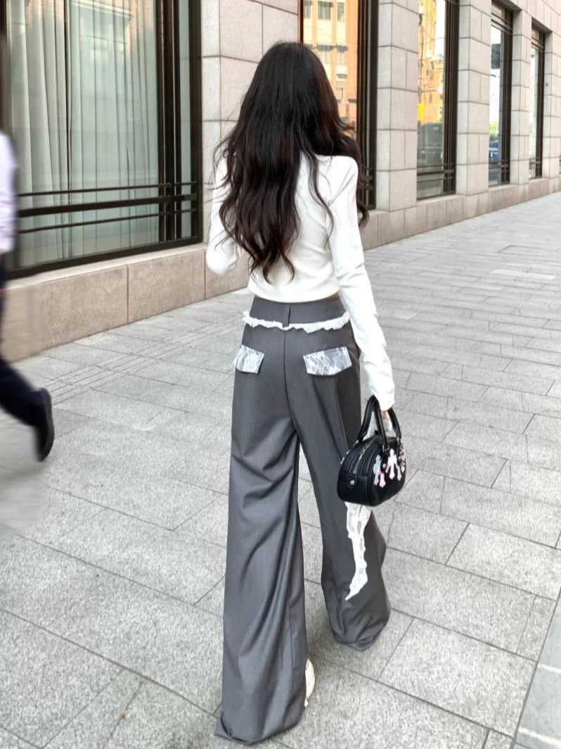 Grey high-grade suit pants for women, spring design, lace stitching, high waist, loose wide-leg straight-leg floor-length pants