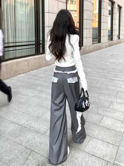 Grey high-grade suit pants for women, spring design, lace stitching, high waist, loose wide-leg straight-leg floor-length pants