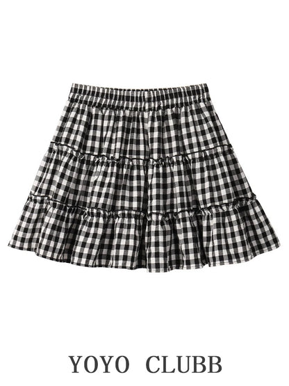 YOYO CLUBB large size right shoulder round neck short-sleeved T-shirt summer high-waisted A-line fluffy cake skirt college style suit