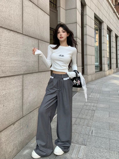 Grey high-grade suit pants for women, spring design, lace stitching, high waist, loose wide-leg straight-leg floor-length pants
