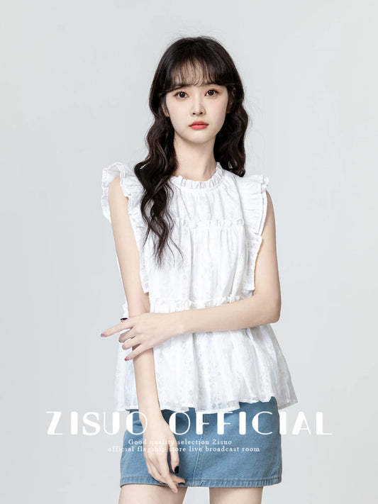 White ruffled flying sleeve shirt female summer 2025 new French design chiffon babydoll shirt sleeveless top