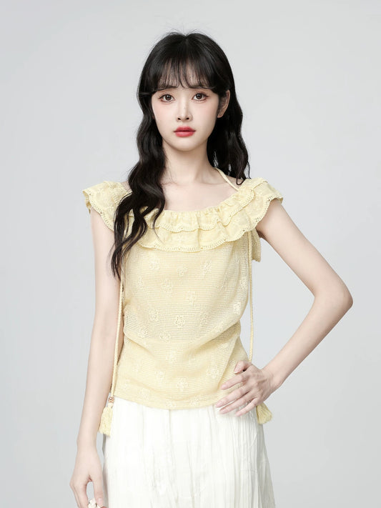 French style one-shoulder ruffled sleeveless sweater for women summer 2025 new halter neck small flying sleeve short top