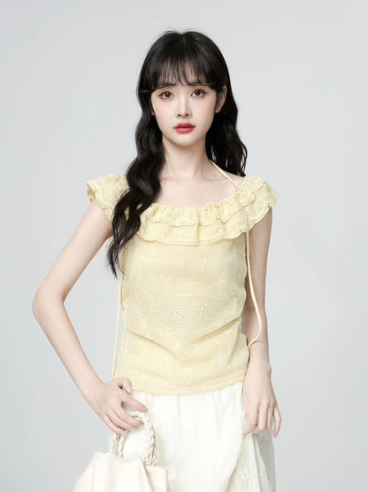 French style one-shoulder ruffled sleeveless sweater for women summer 2025 new halter neck small flying sleeve short top
