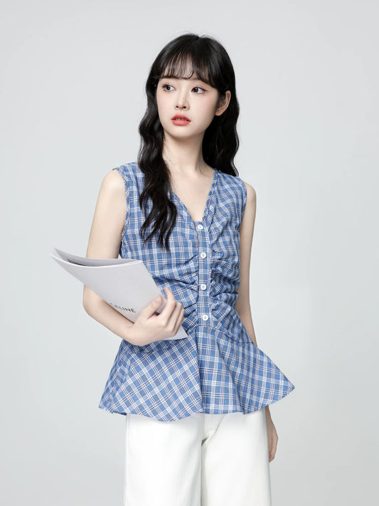 French V-neck plaid camisole for women to wear as outerwear in 2025 summer new style with pleated waist and sleeveless top