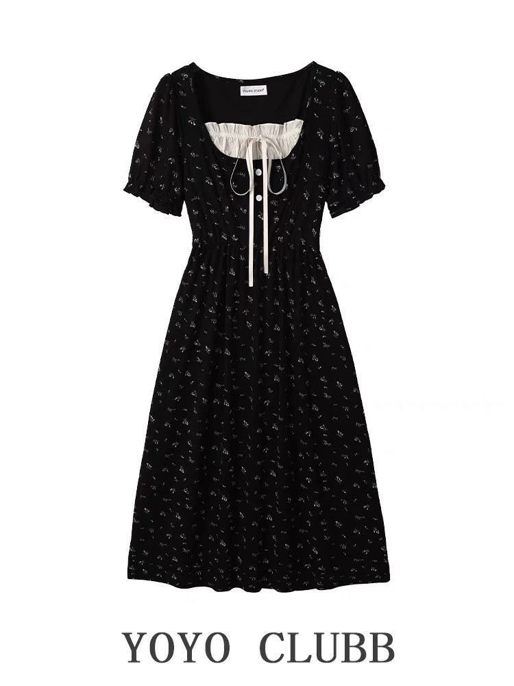 YOYO CLUBB spliced lace-up square neck floral dress summer new large size slimming waist long skirt