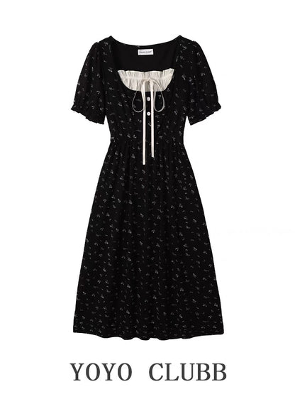 YOYO CLUBB spliced lace-up square neck floral dress summer new large size slimming waist long skirt