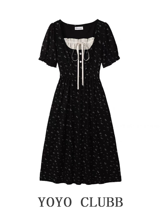 YOYO CLUBB spliced lace-up square neck floral dress summer new large size slimming waist long skirt
