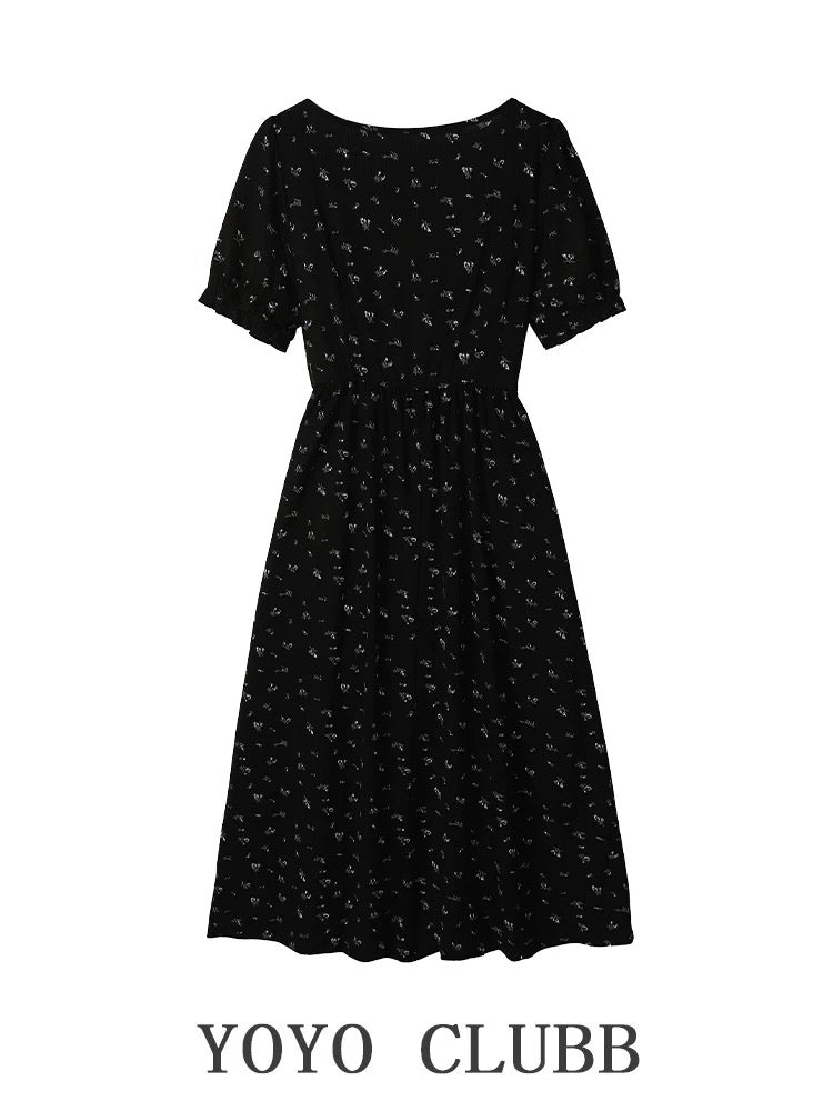 YOYO CLUBB spliced lace-up square neck floral dress summer new large size slimming waist long skirt