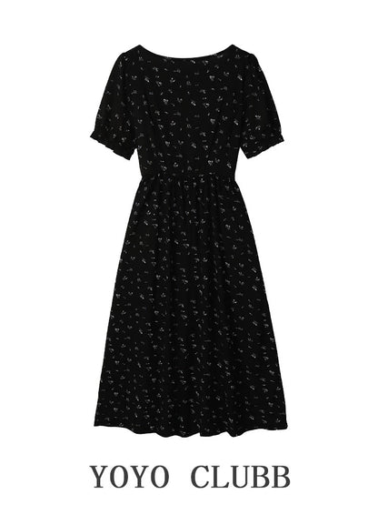 YOYO CLUBB spliced lace-up square neck floral dress summer new large size slimming waist long skirt