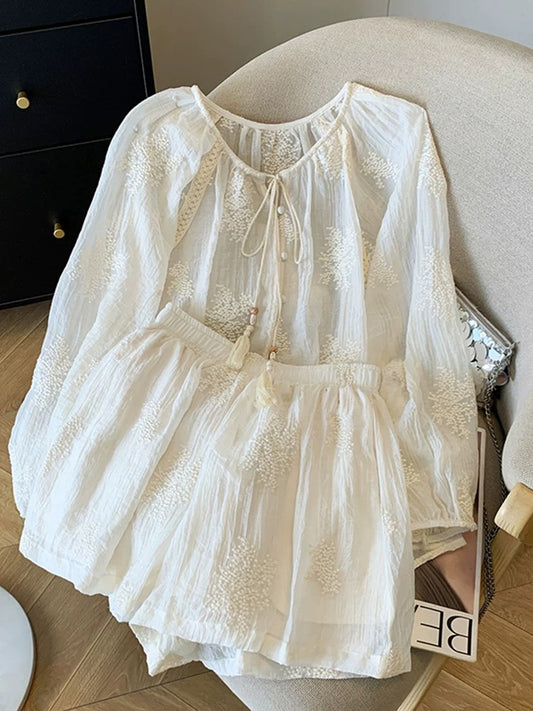 Bohemian style sun protection set for women, early autumn 2025, a super cute two-piece set of cover-up and shorts.