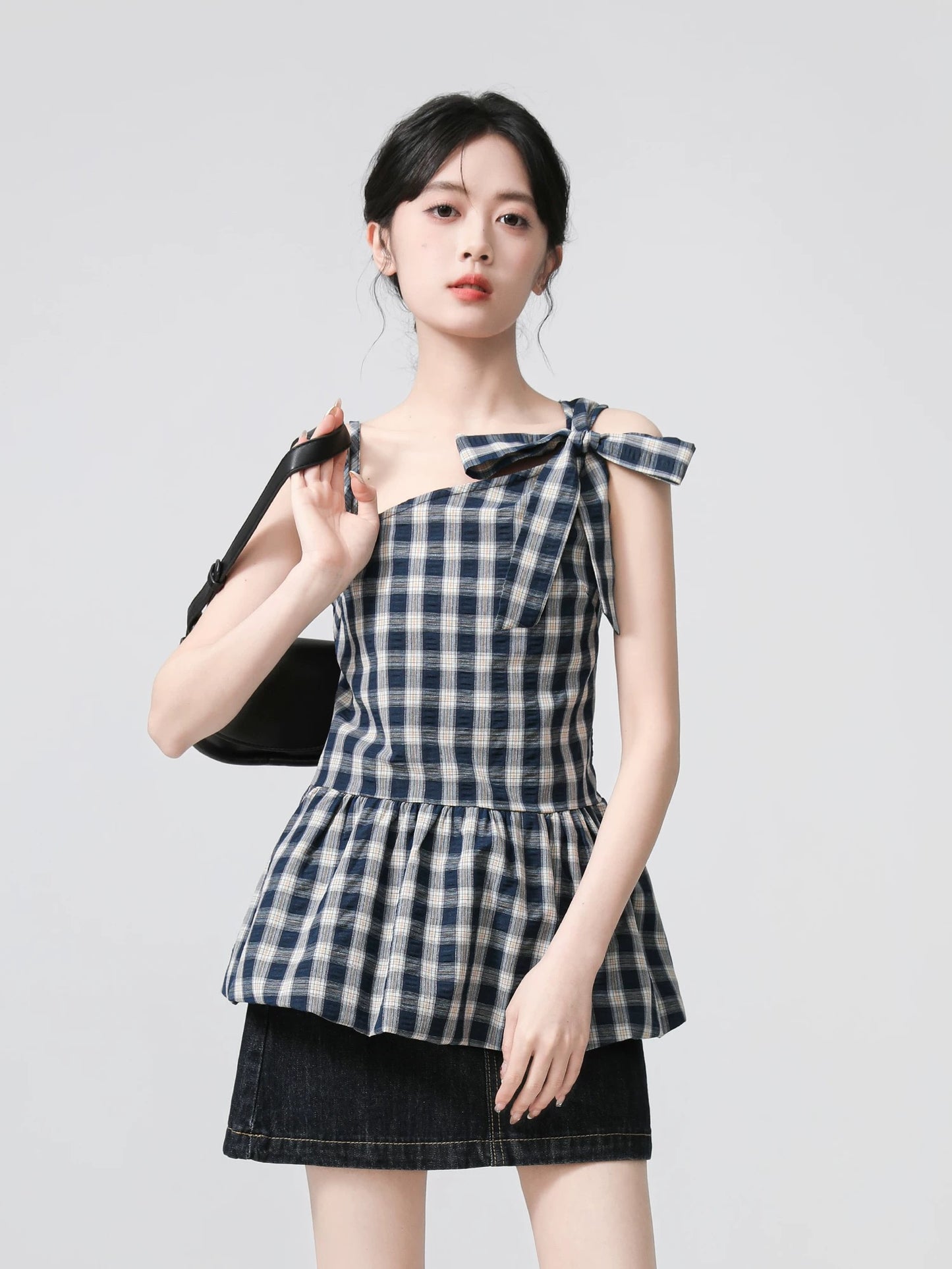 Retro blue plaid camisole for women summer wear 2025 summer new bow sleeveless babydoll shirt top