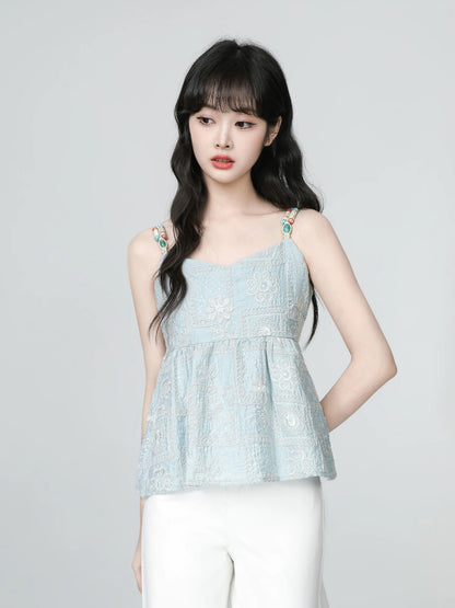 French blue embroidered camisole for women summer 2025 new style design waist sleeveless outerwear short top