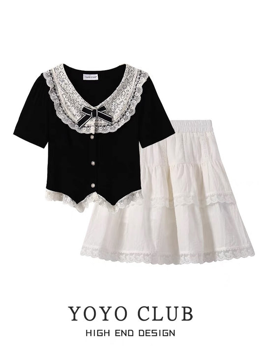 YOYO CLUBB French irregular short top summer high waist white cake skirt college style suit