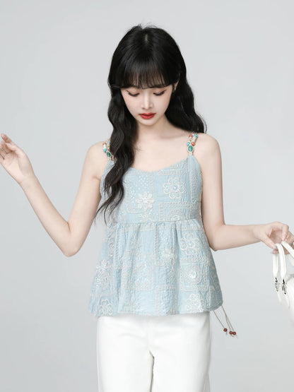 French blue embroidered camisole for women summer 2025 new style design waist sleeveless outerwear short top