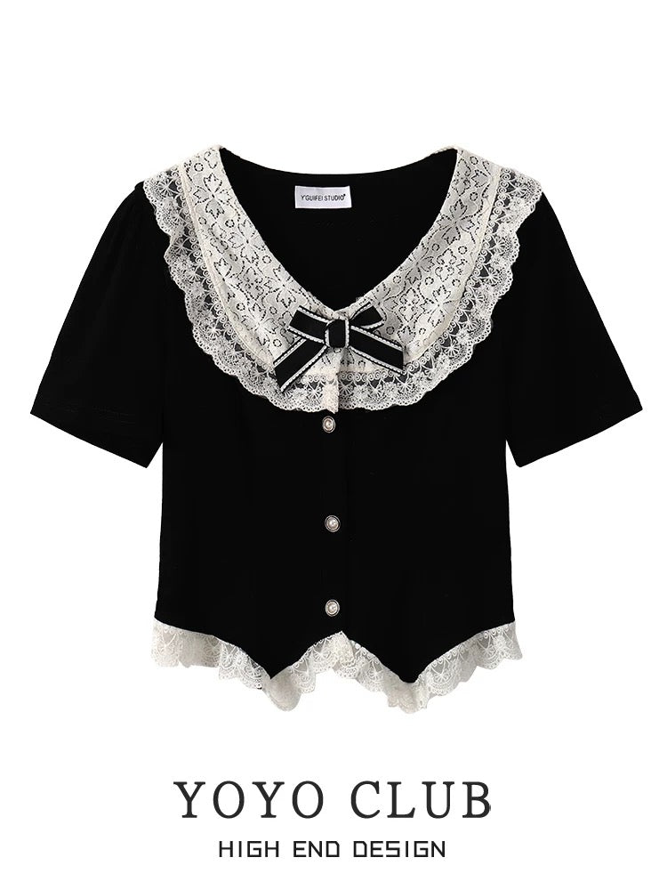YOYO CLUBB French irregular short top summer high waist white cake skirt college style suit