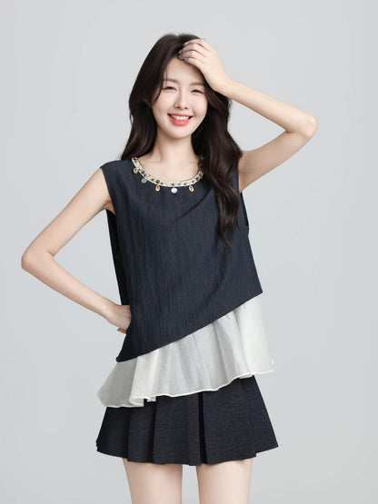 Navy blue fake two-piece vest for women 2025 summer new design contrast color stitching sleeveless shirt round neck top