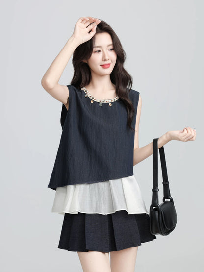 Navy blue fake two-piece vest for women 2025 summer new design contrast color stitching sleeveless shirt round neck top