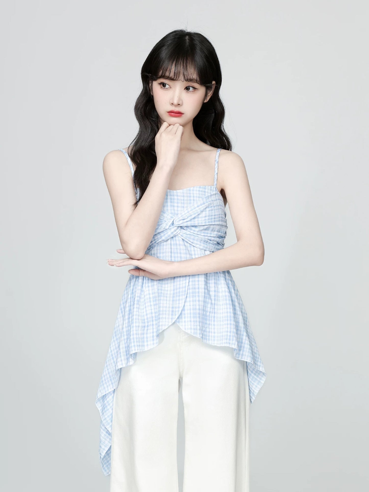 Blue plaid camisole for women summer wear 2025 summer new irregular ruffles twisted sleeveless top