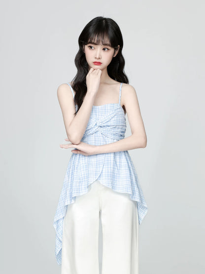 Blue plaid camisole for women summer wear 2025 summer new irregular ruffles twisted sleeveless top