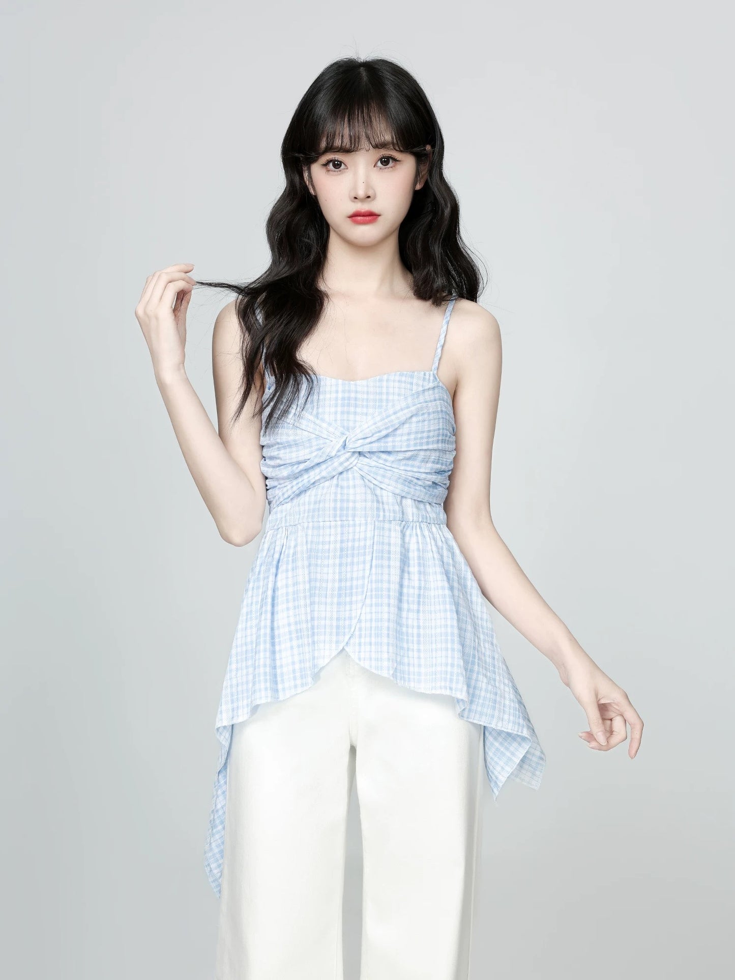 Blue plaid camisole for women summer wear 2025 summer new irregular ruffles twisted sleeveless top