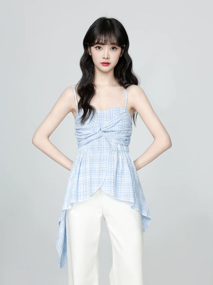 Blue plaid camisole for women summer wear 2025 summer new irregular ruffles twisted sleeveless top