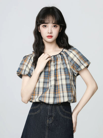 French plaid short-sleeved shirt for women summer 2025 new style niche design puff sleeve shirt short top