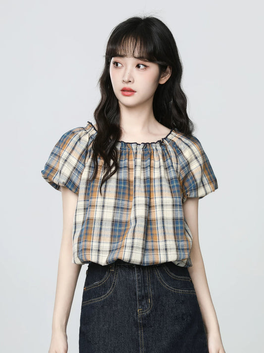 French plaid short-sleeved shirt for women summer 2025 new style niche design puff sleeve shirt short top