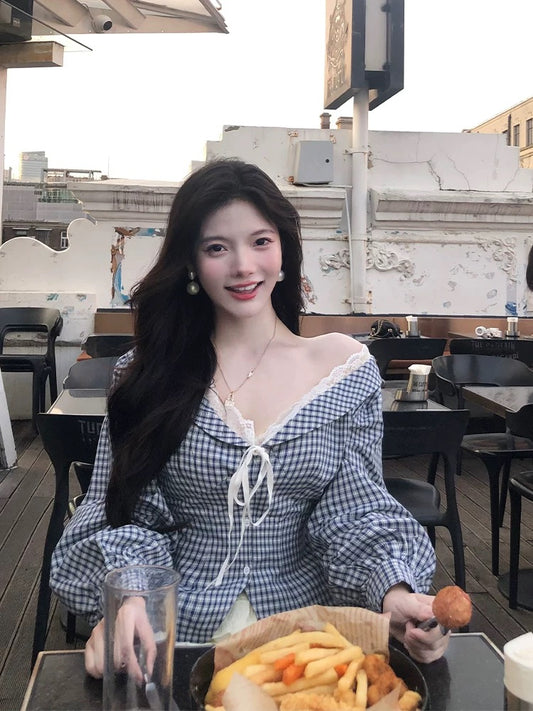 Rosselora Original Design Blue Plaid Shirt with Lace Trim (2025)