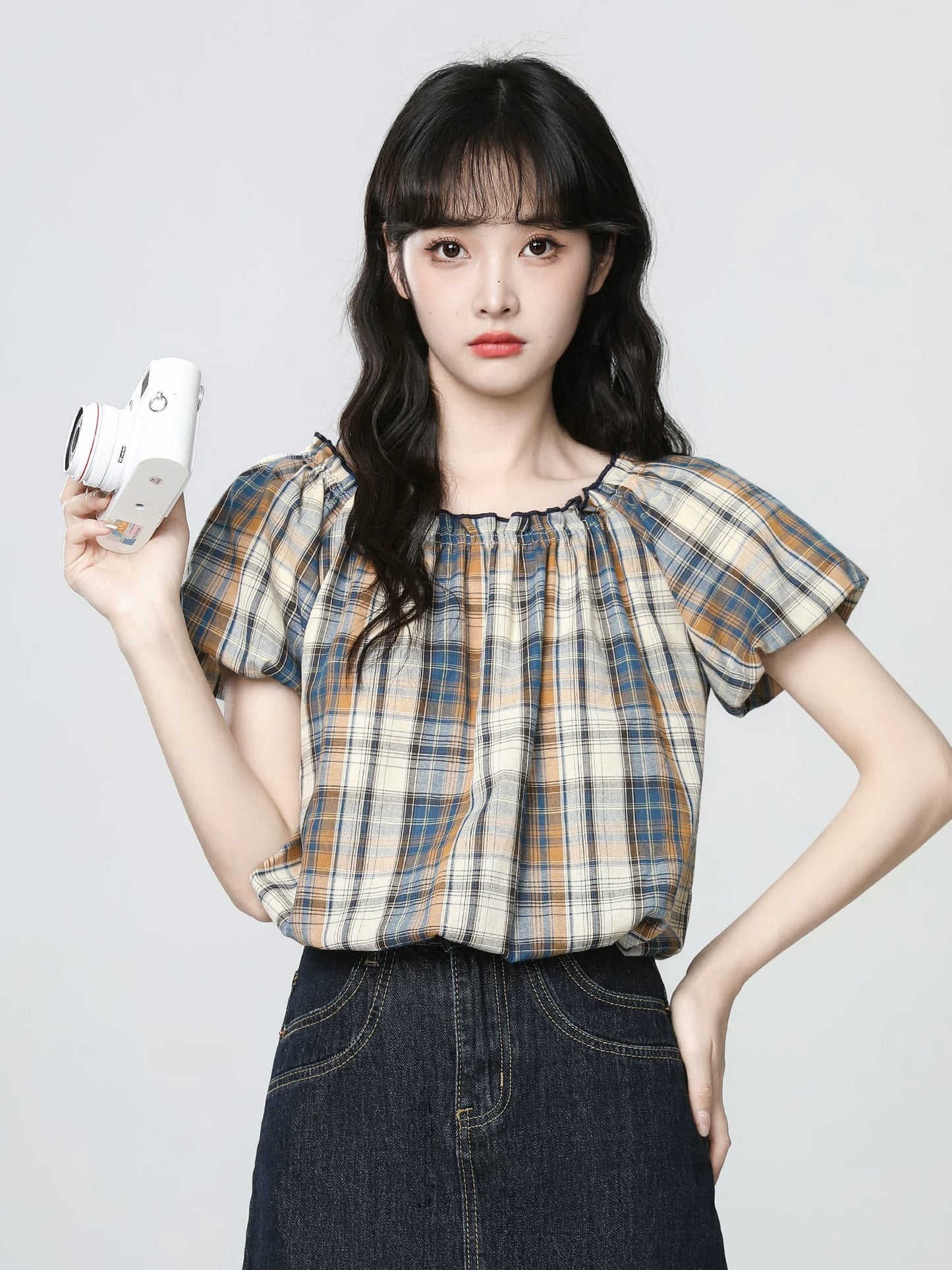 French plaid short-sleeved shirt for women summer 2025 new style niche design puff sleeve shirt short top