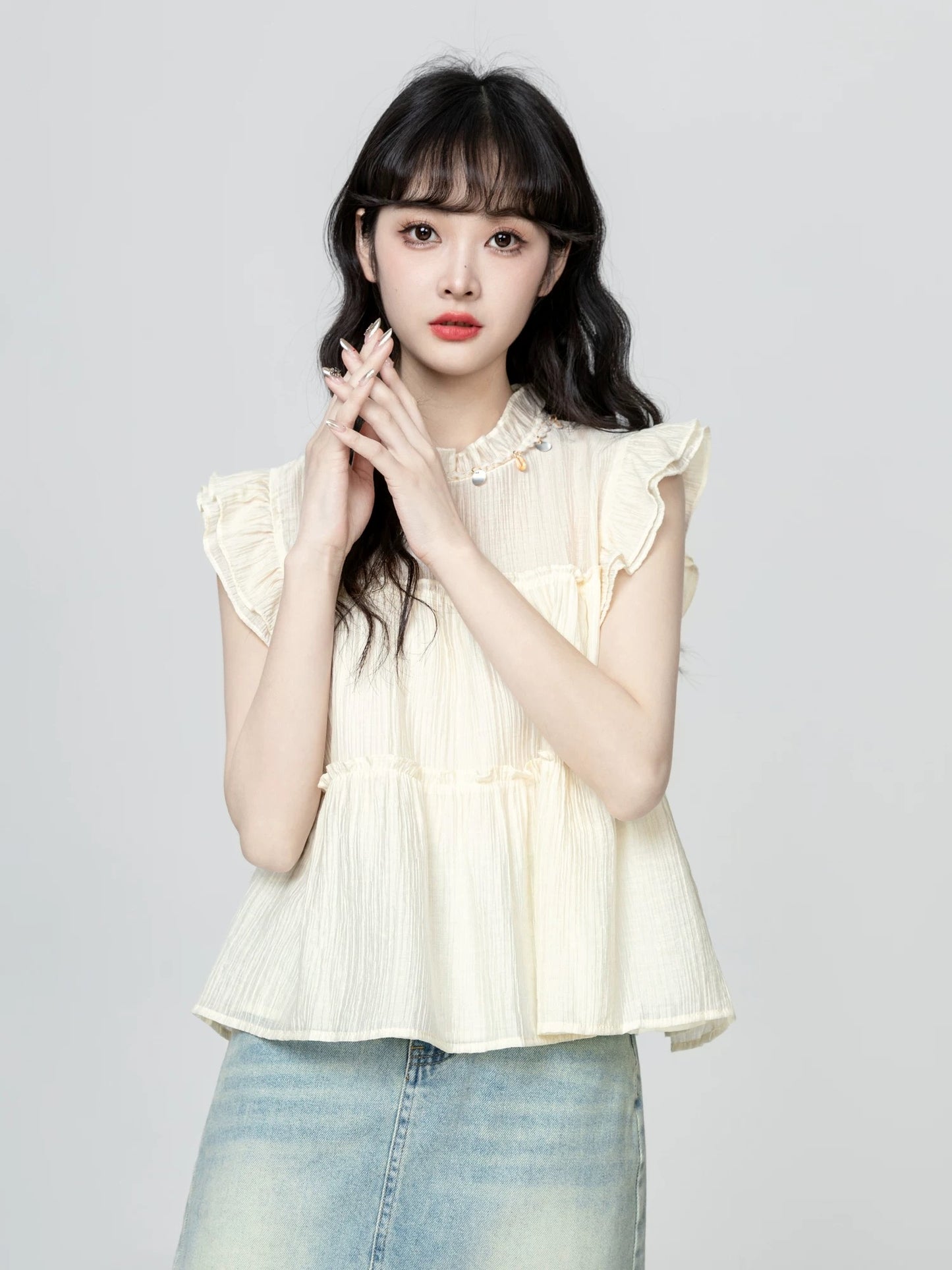 French style small flying sleeve chiffon shirt women summer 2025 summer new loose sleeveless babydoll shirt shirt short top