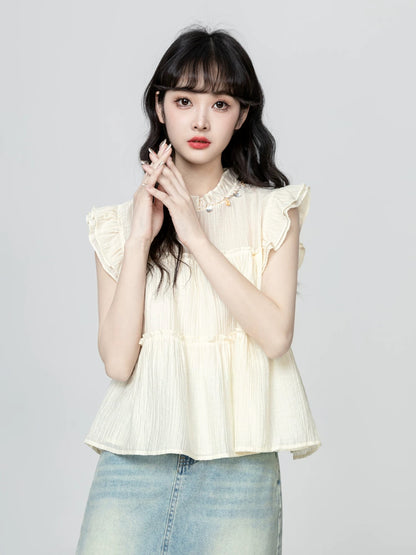 French style small flying sleeve chiffon shirt women summer 2025 summer new loose sleeveless babydoll shirt shirt short top