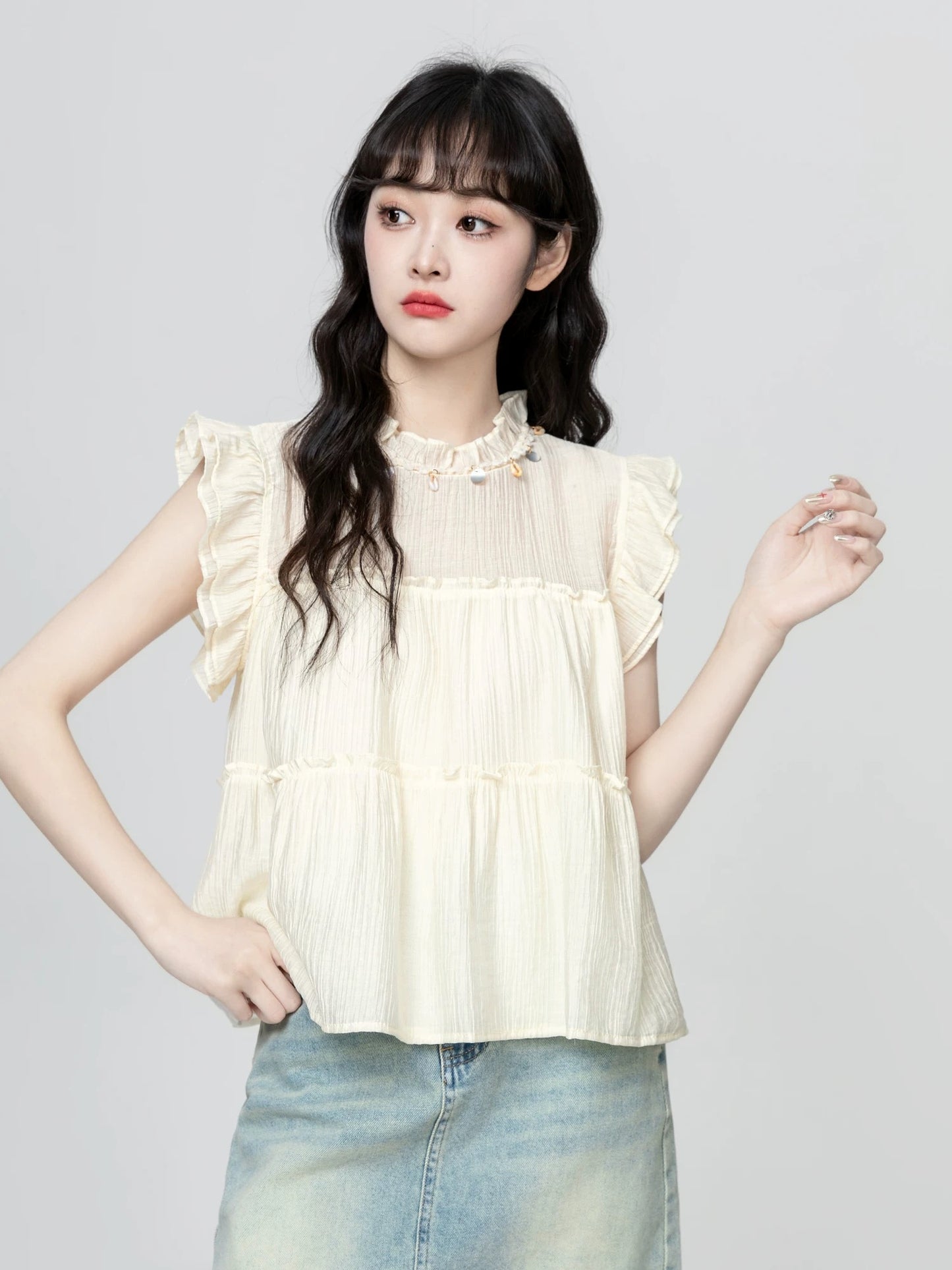 French style small flying sleeve chiffon shirt women summer 2025 summer new loose sleeveless babydoll shirt shirt short top
