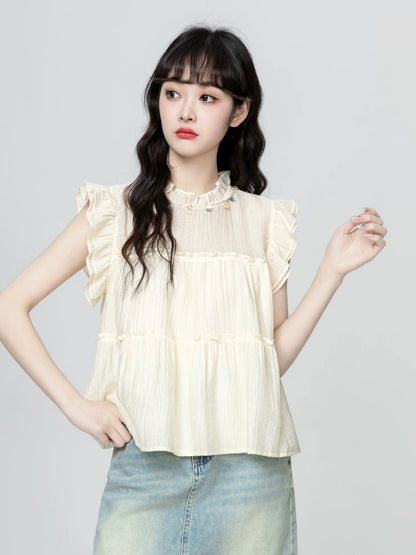 French style small flying sleeve chiffon shirt women summer 2025 summer new loose sleeveless babydoll shirt shirt short top