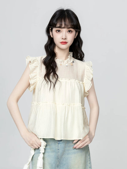 French style small flying sleeve chiffon shirt women summer 2025 summer new loose sleeveless babydoll shirt shirt short top