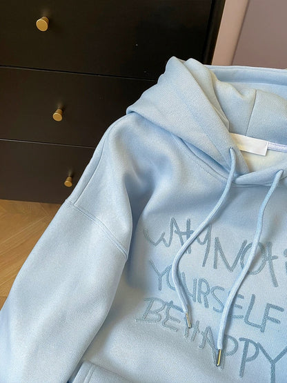 Little C's light blue letter flocked sweatshirt for women 2024 autumn and winter hot style plus velvet milk type hooded jacket for small people