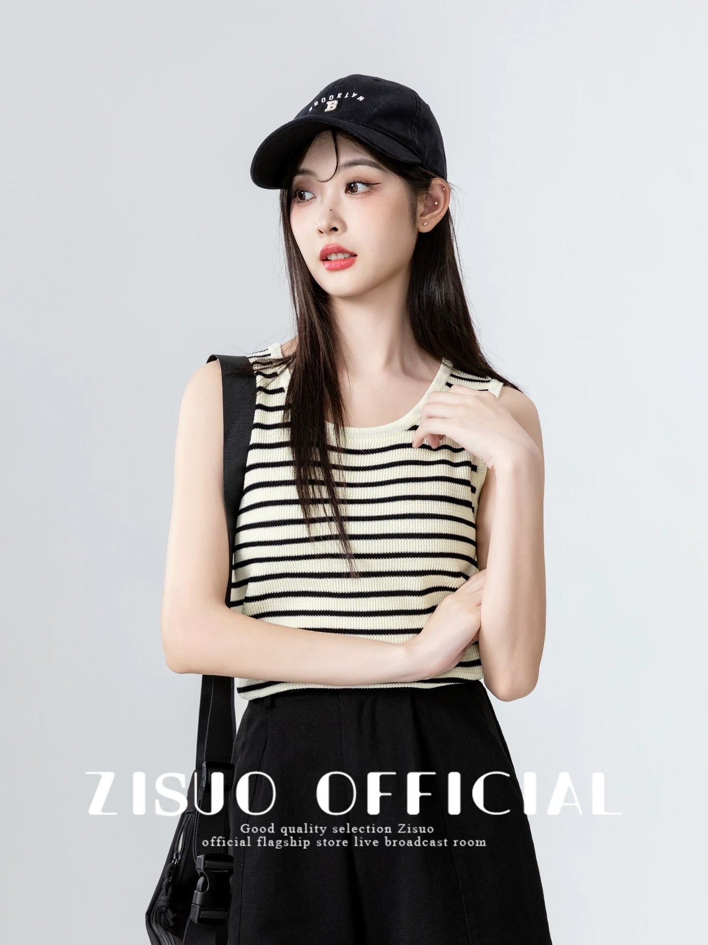Black striped ice silk knitted camisole vest 2025 summer new style casual versatile inner wear sleeveless outer wear short top