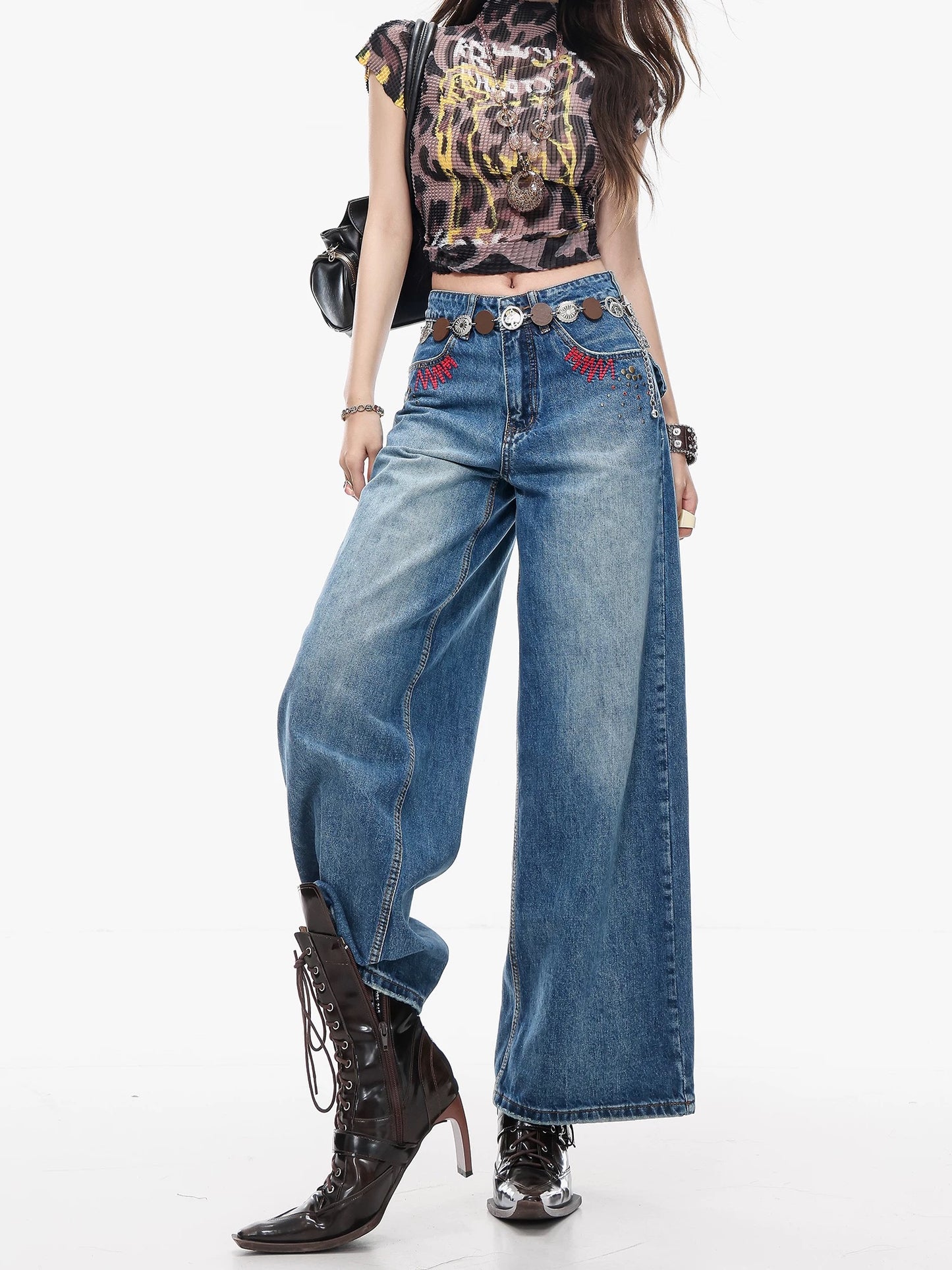 ABWLR Metal Frenzy - Original American Retro Embroidered Wide-Leg Jeans for Women, Blue Washed Distressed Straight Leg Pants
