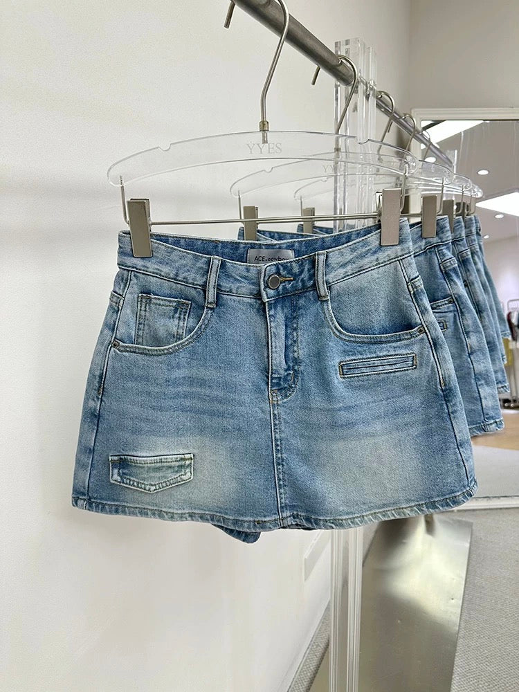 ACE Korean retro high waist wide leg denim skirt pants women's new style casual fashion temperament A-line short skirt trend