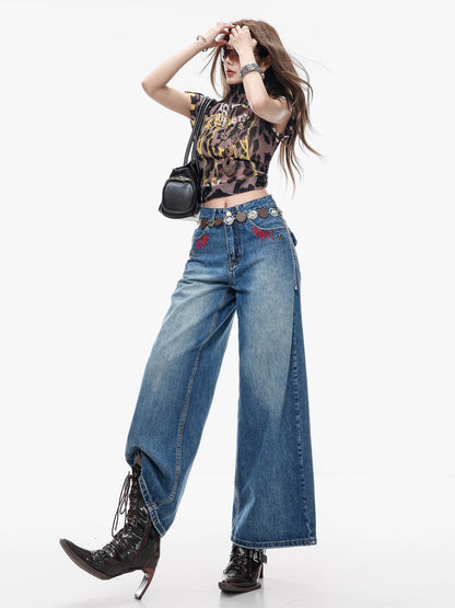 ABWLR Metal Frenzy - Original American Retro Embroidered Wide-Leg Jeans for Women, Blue Washed Distressed Straight Leg Pants