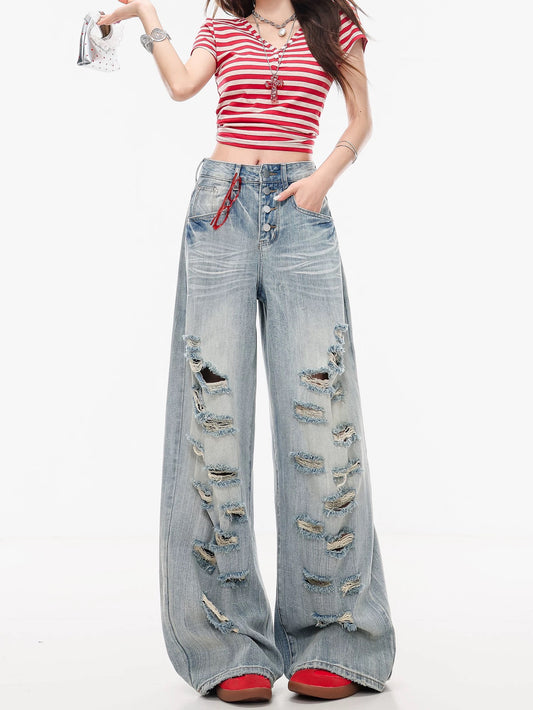 ABWLR Film Holiday - Original American High Street Style Ripped Wide-Leg Jeans for Women, Washed Distressed Curved Pants