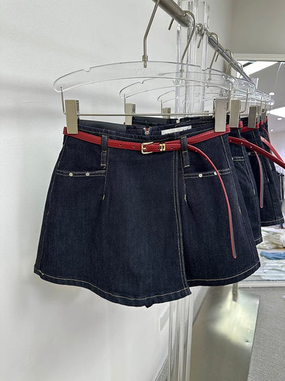 Zuo Nana summer high waist black and gold fake two-piece half-length jeans skirt women's irregular A-line all-match shorts women