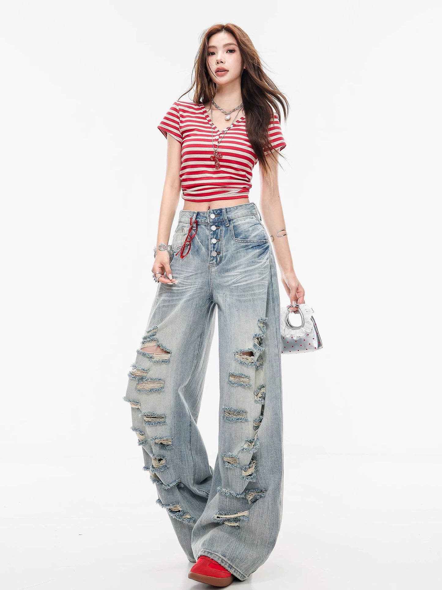 ABWLR Film Holiday - Original American High Street Style Ripped Wide-Leg Jeans for Women, Washed Distressed Curved Pants