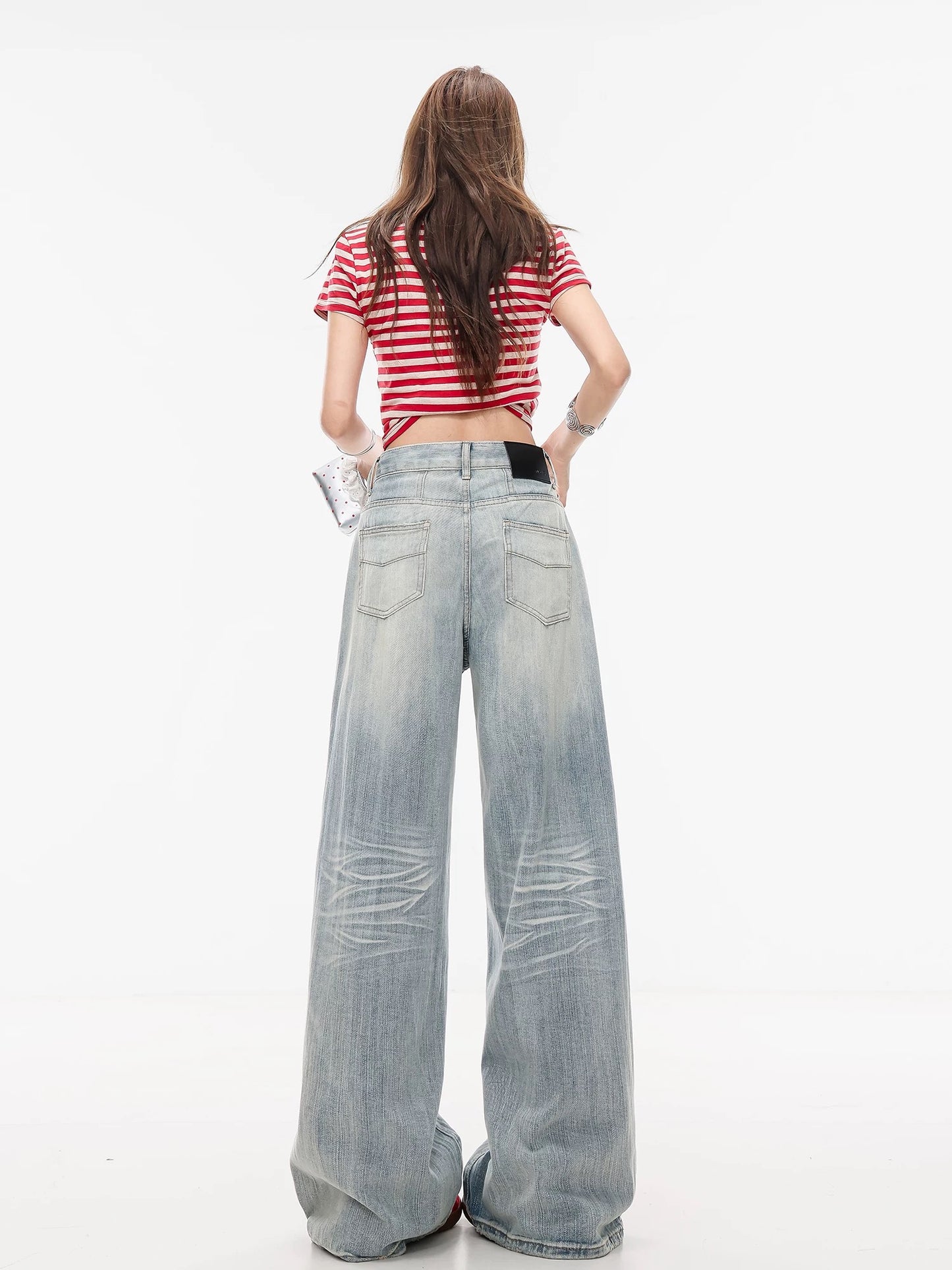 ABWLR Film Holiday - Original American High Street Style Ripped Wide-Leg Jeans for Women, Washed Distressed Curved Pants