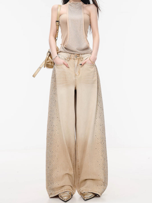 ABWLR Hot American Style - Original Retro Rhinestone Gradient Denim Jeans for Women, High-End Khaki Wide-Leg Pants