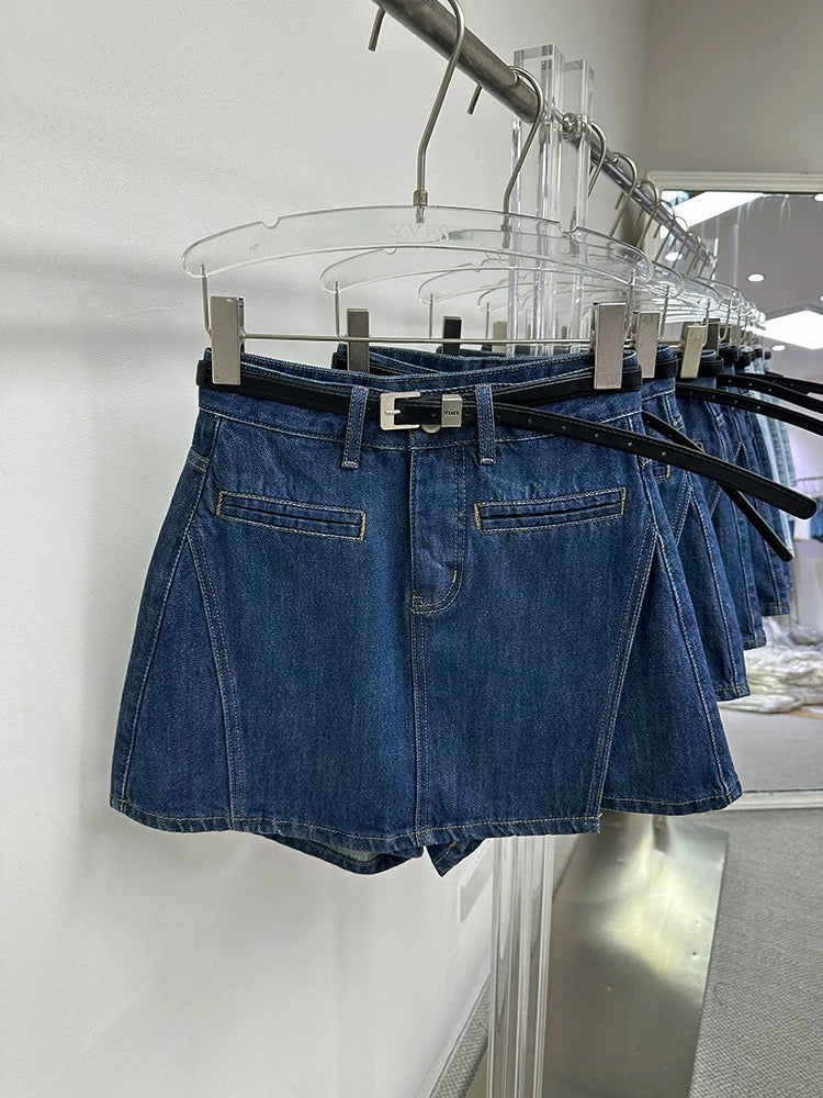 TOP Korean blue irregular denim short skirt female 2025 summer Korean version high waist slim A-line pants skirt 82501