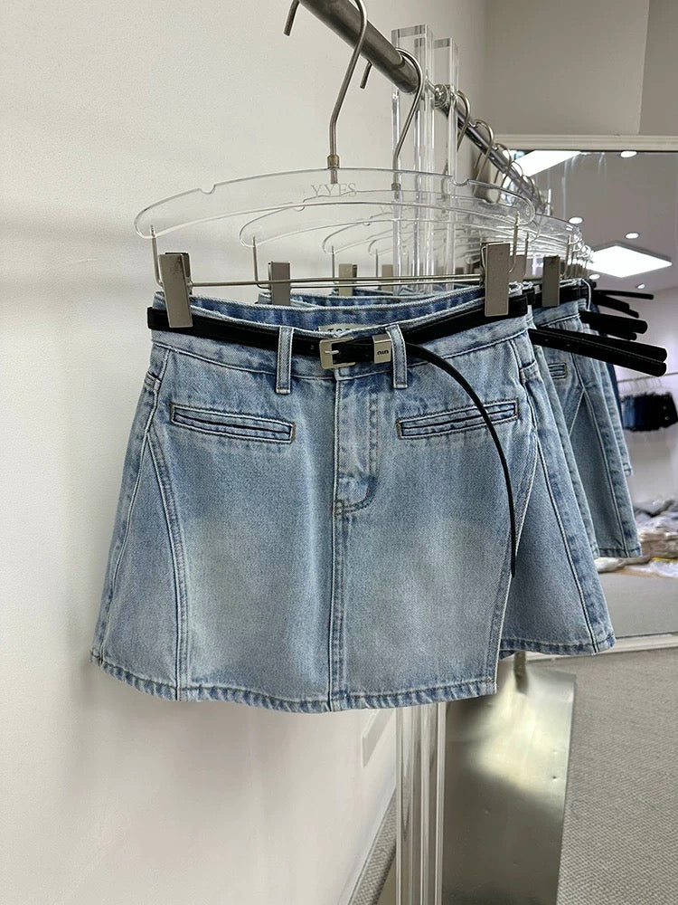 TOP Korean blue irregular denim short skirt female 2025 summer Korean version high waist slim A-line pants skirt 82501