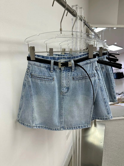 TOP Korean blue irregular denim short skirt female 2025 summer Korean version high waist slim A-line pants skirt 82501