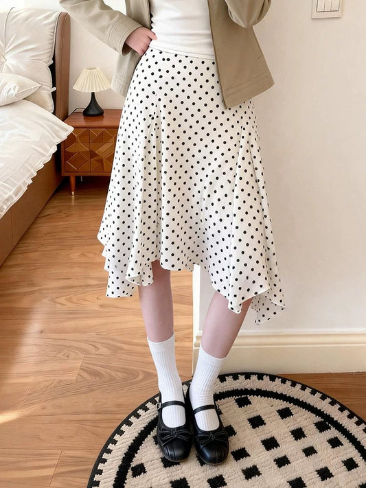 Plus-size women's retro-chic asymmetrical A-line polka dot midi skirt, high-waisted, versatile, perfect for spring and summer.