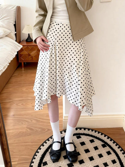Plus-size women's retro-chic asymmetrical A-line polka dot midi skirt, high-waisted, versatile, perfect for spring and summer.